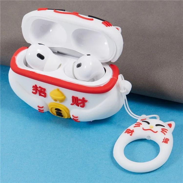 Silicone Cover for Apple AirPods Pro Bluetooth-compatible Earphones Lucky Cat Protective Case with Loop Strap - White