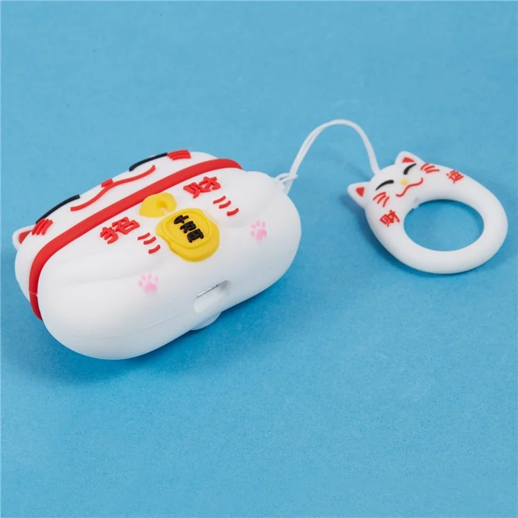 Silicone Cover for Apple AirPods Pro Bluetooth-compatible Earphones Lucky Cat Protective Case with Loop Strap - White