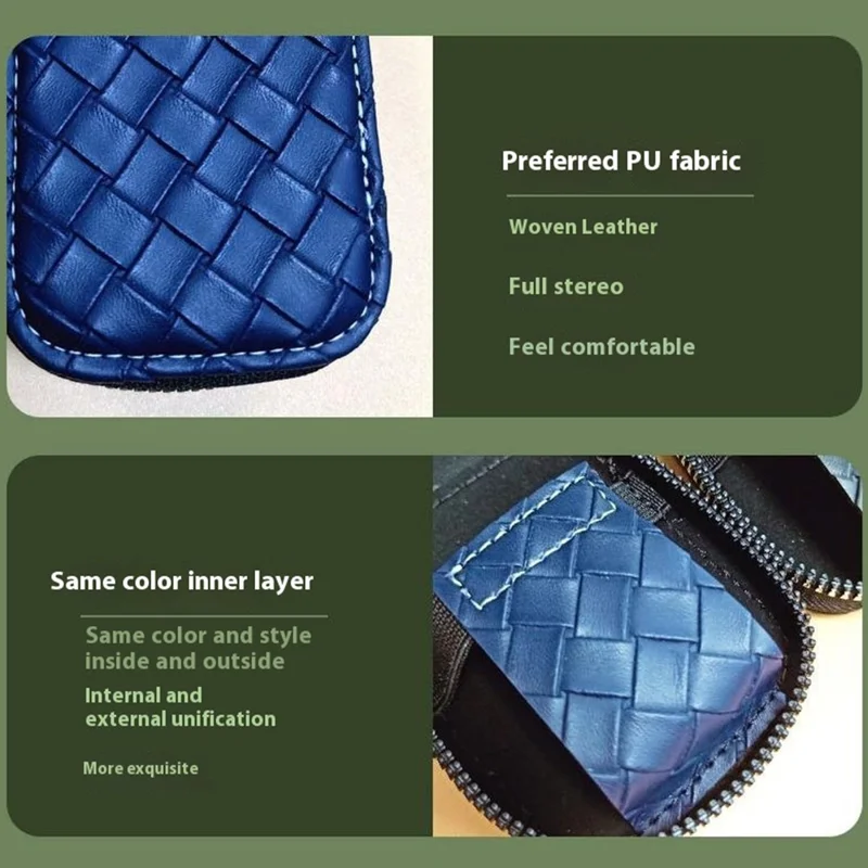 For Apple Series Earbud Carrying Case Small PU Leather Woven Pattern Earphone Cover - Blue