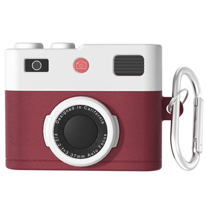 For Apple AirPods 3 Case Retro Camera Design Liquid Silicone Earbuds Carrying Cover with Carabiner - Purplish Red