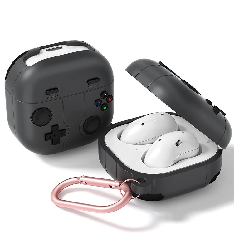 For Samsung Galaxy Buds Live / Buds Pro / Buds2 / Buds2 Pro / Buds FE Case Game Console Shape Earphones Silicone Shell with Carabiner - Dark Grey