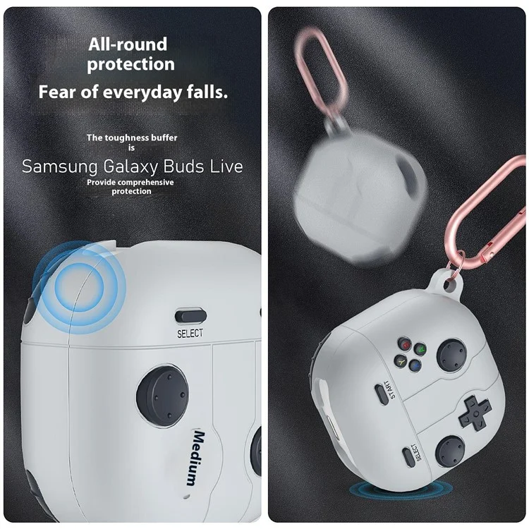 For Samsung Galaxy Buds Live / Buds Pro / Buds2 / Buds2 Pro / Buds FE Case Game Console Shape Earphones Silicone Shell with Carabiner - Dark Grey