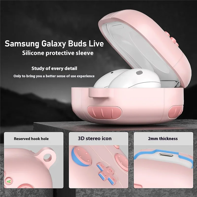 For Samsung Galaxy Buds Live / Buds Pro / Buds2 / Buds2 Pro / Buds FE Case Game Console Shape Earphones Silicone Shell with Carabiner - Dark Grey