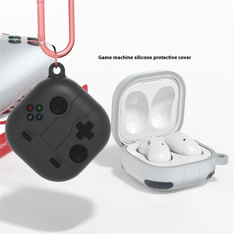 For Samsung Galaxy Buds Live / Buds Pro / Buds2 / Buds2 Pro / Buds FE Case Game Console Shape Earphones Silicone Shell with Carabiner - Dark Grey