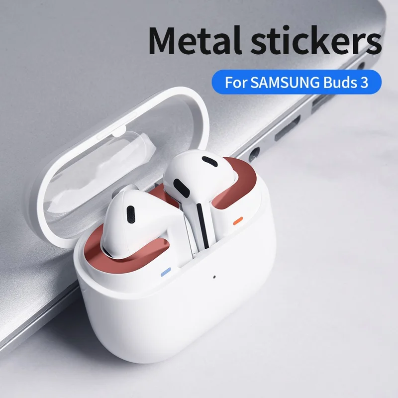 For Samsung Galaxy Buds3 Charging Case Bluetooth-compatible Earbuds Metal Sticker Anti-Dust Protective Decals - Rose Gold