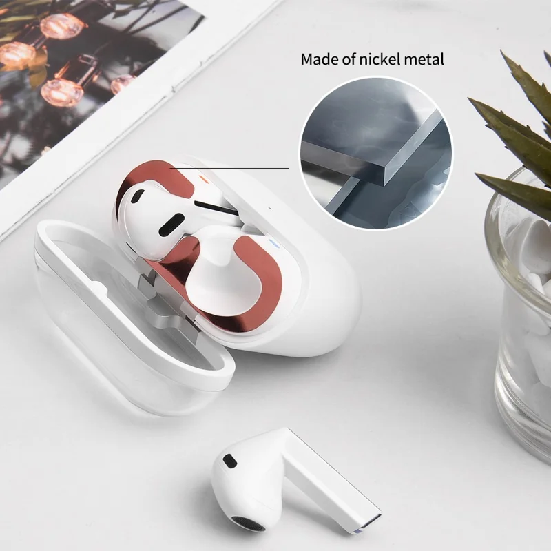 For Samsung Galaxy Buds3 Charging Case Bluetooth-compatible Earbuds Metal Sticker Anti-Dust Protective Decals - Rose Gold