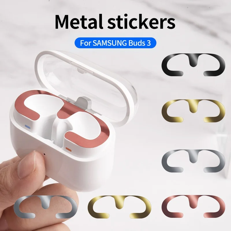 For Samsung Galaxy Buds3 Charging Case Bluetooth-compatible Earbuds Metal Sticker Anti-Dust Protective Decals - Rose Gold