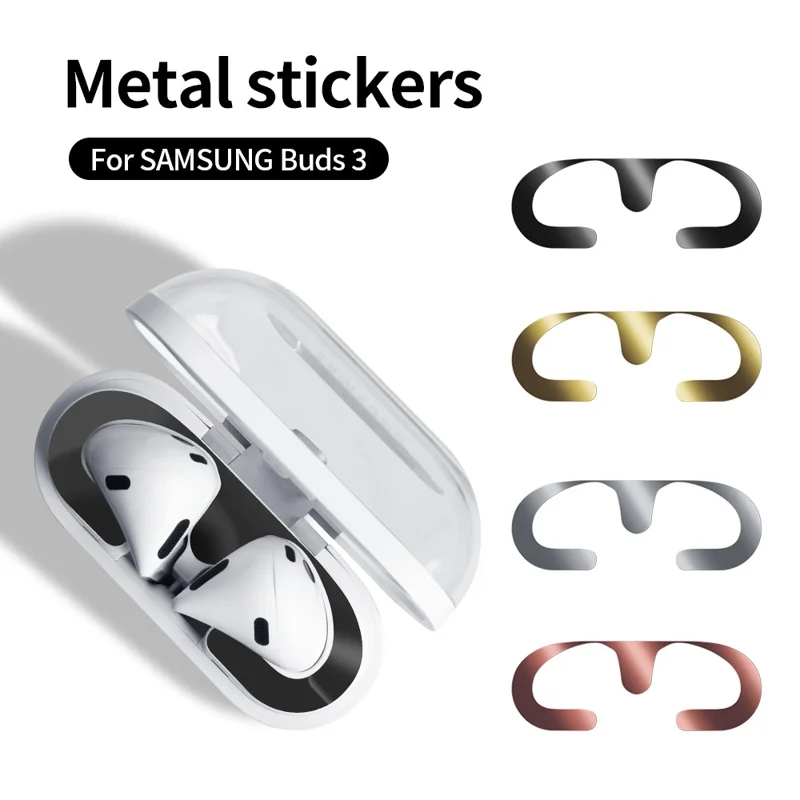 For Samsung Galaxy Buds3 Charging Case Bluetooth-compatible Earbuds Metal Sticker Anti-Dust Protective Decals - Rose Gold