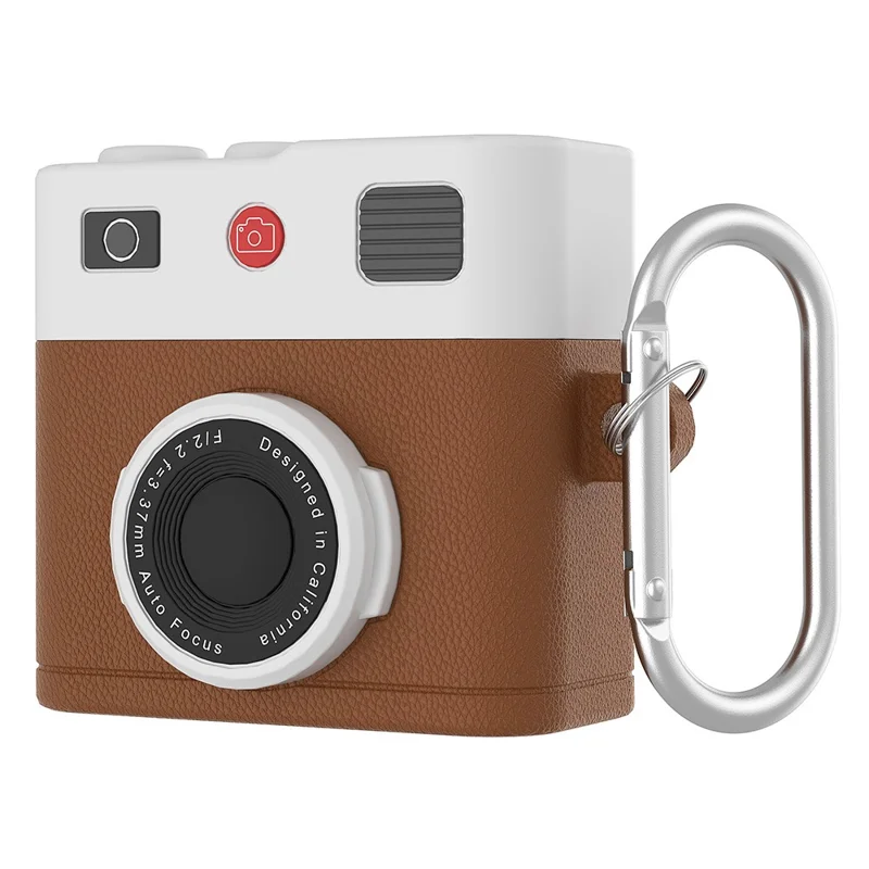 Für AirPods 4 Hülle Retro Kamera Design Flüssigsilikon Kopfhörer Tragetasche mit Karabiner - Braun