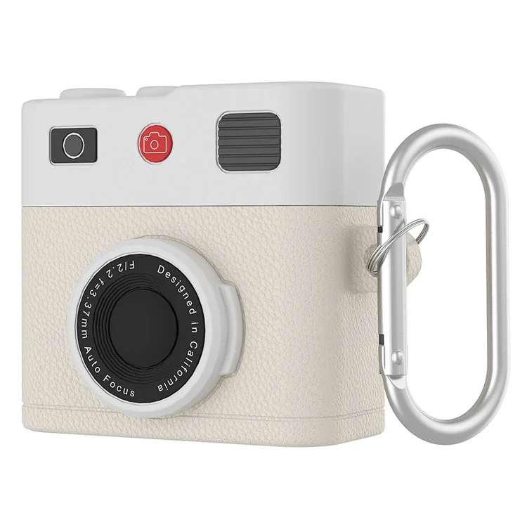Für AirPods 4 Case Retro Kamera Design Flüssigsilikon Ohrhörer Tragetasche mit Karabiner - Creme Beige