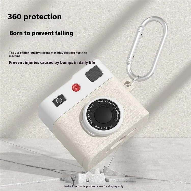 Für AirPods 4 Case Retro Kamera Design Flüssigsilikon Ohrhörer Tragetasche mit Karabiner - Creme Beige