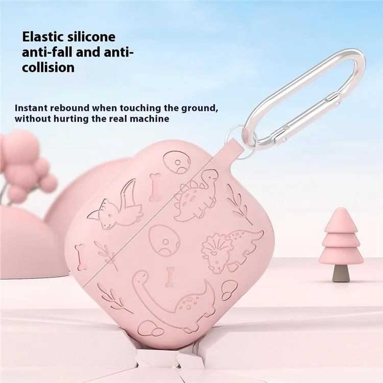 Für AirPods 4 Case Einzigartiges Dinosaurier-Design Flüssig-Silikon-Kopfhörercover mit Karabiner - Hellrosa