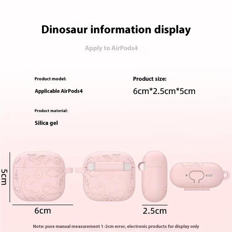 Für AirPods 4 Case Einzigartiges Dinosaurier-Design Flüssig-Silikon-Kopfhörercover mit Karabiner - Hellrosa