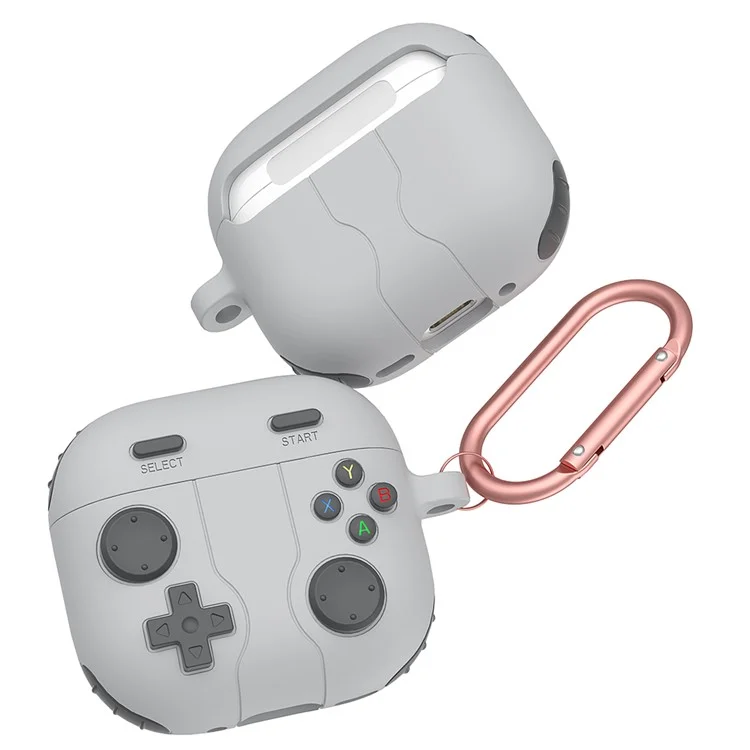 Für AirPods 4 Hülle Spielkonsole Form Kopfhörer Silikon Schale mit Karabiner - Rock Grey