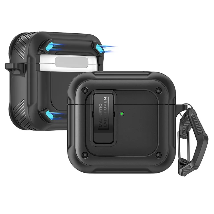 Para AirPods 4 Auriculares Case PC+TPU Cubierta Magnética de Protección de Cuerpo Completo Con Carabinero - Negro