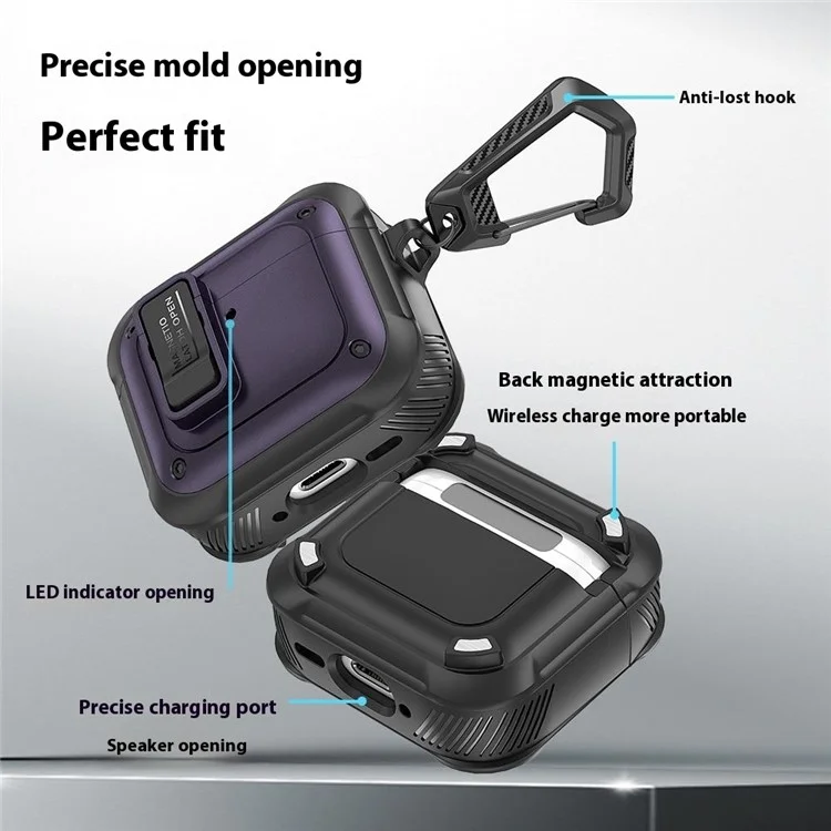 Para AirPods 4 Auriculares Case PC+TPU Cubierta Magnética de Protección de Cuerpo Completo Con Carabinero - Negro