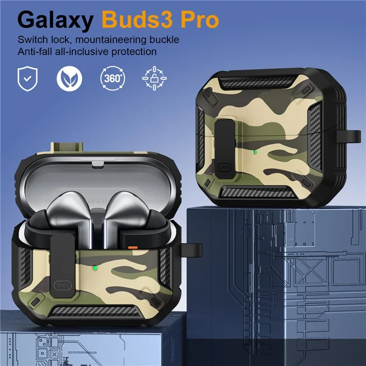 Para Samsung Galaxy Buds3 / Galaxy Buds3 Pro Funda Protectora de TPU + PC para Auriculares Camuflaje Caja de Carga de Auriculares con Mosquetón - Verde