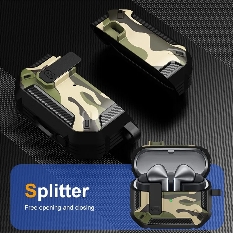 Para Samsung Galaxy Buds3 / Galaxy Buds3 Pro Funda Protectora de TPU + PC para Auriculares Camuflaje Caja de Carga de Auriculares con Mosquetón - Verde