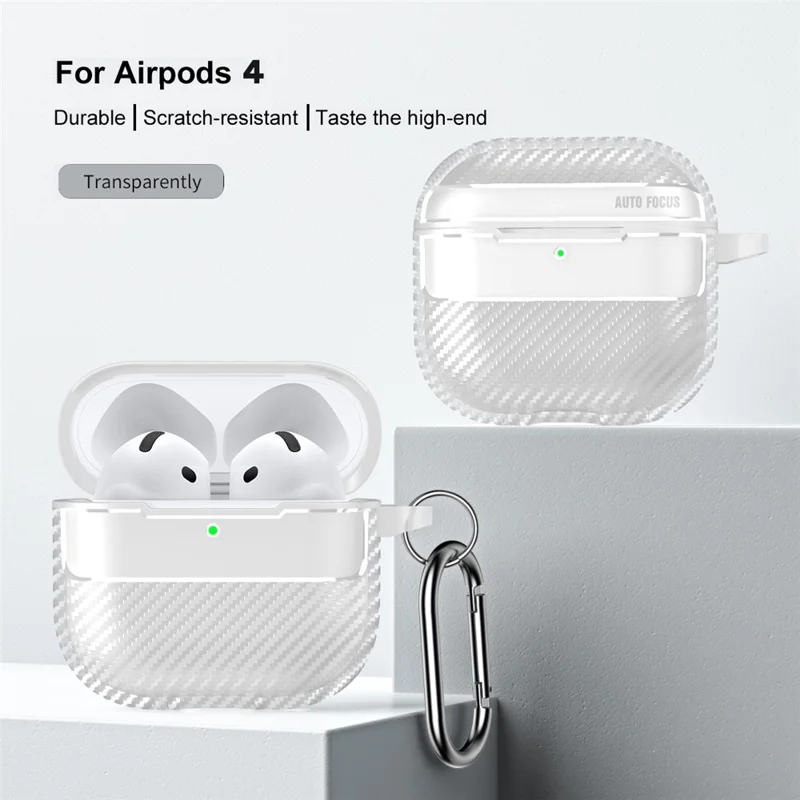 For AirPods 4 Case Carbon Fiber Texture TPU Earbuds Protective Cover with Hook - Transparent