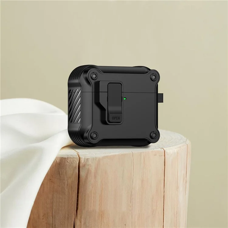 For AirPods 4 Case TPU+PC Protector Bluetooth-compatible Earbuds Cover with Carabiner - Black
