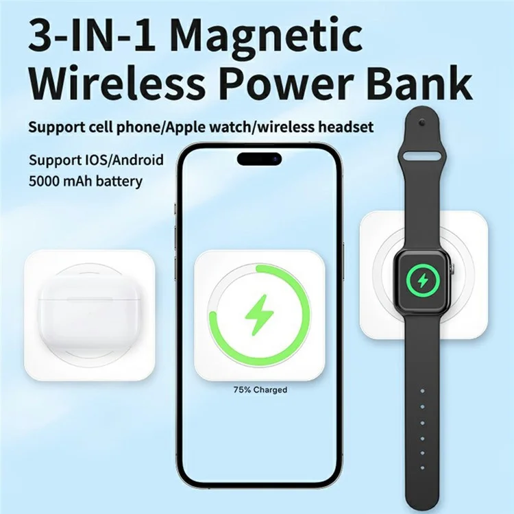 Carregador portátil de 20W 5000mAh 3 em 1 Power Bank Bateria sem fio magnética - Prata