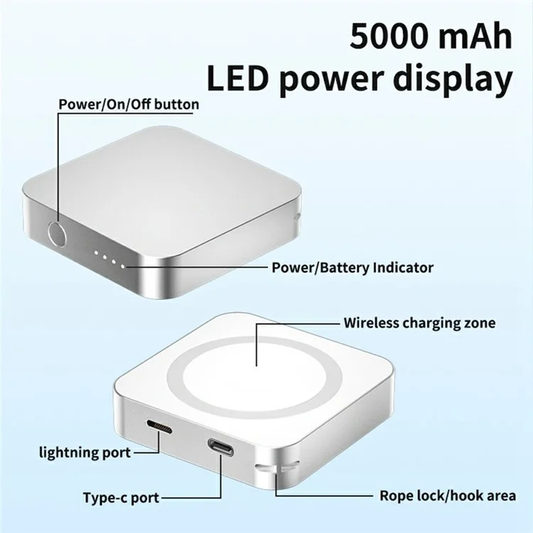 Carregador portátil de 20W 5000mAh 3 em 1 Power Bank Bateria sem fio magnética - Prata