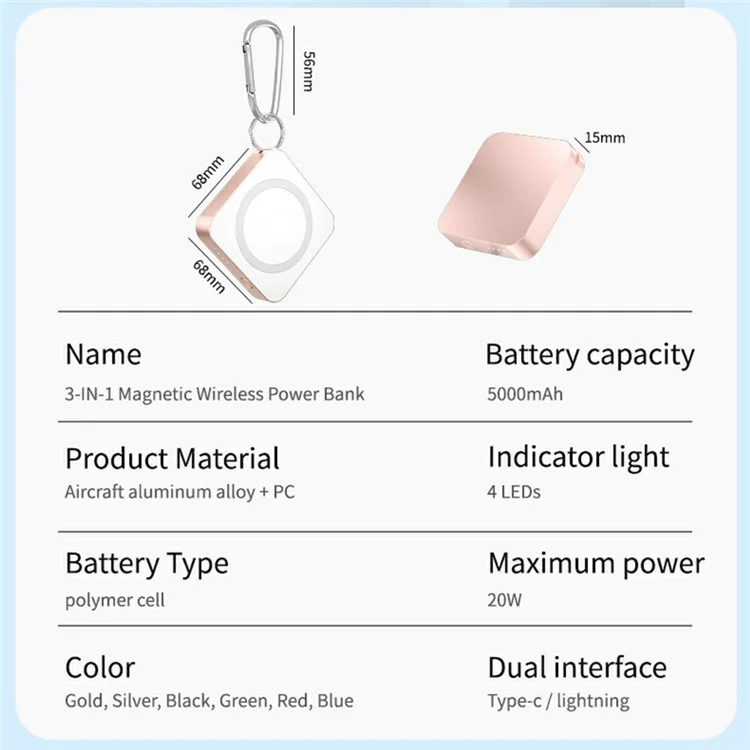 20W Portable Charger 5000mAh 3-in-1 Power Bank Magnetic Wireless Battery Pack - Gold