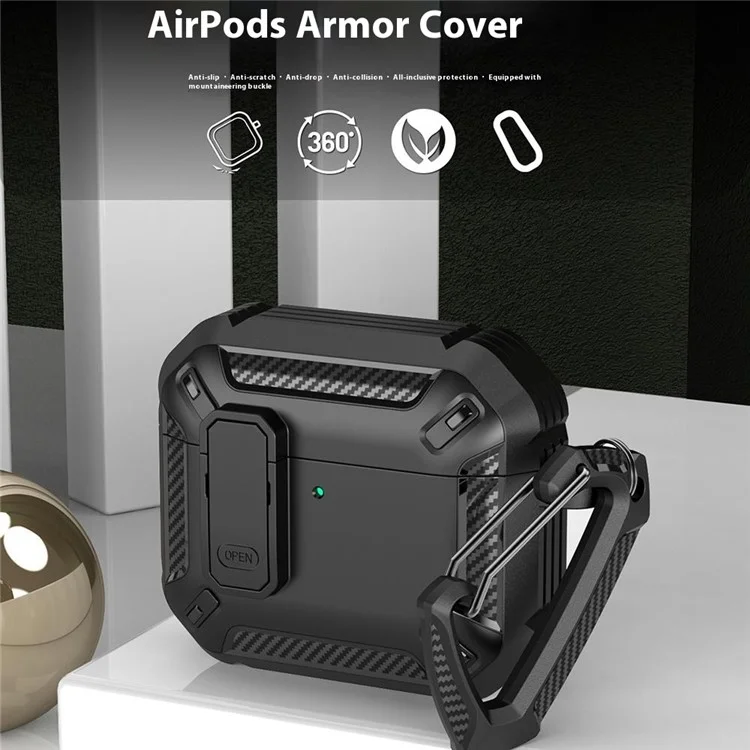 For Apple AirPods 4 Case TPU Earphone Charging Box Case Anti-Fall Protective Cover with Carabiner - Black