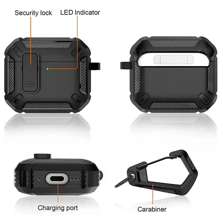 For Apple AirPods 4 Case TPU Earphone Charging Box Case Anti-Fall Protective Cover with Carabiner - Black