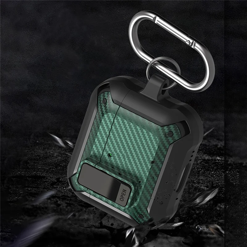 For AirPods 4 Bluetooth-compatible Earphone Cover Carbon Fiber Texture TPU+PC Anti-Drop Case with Buckle - Green