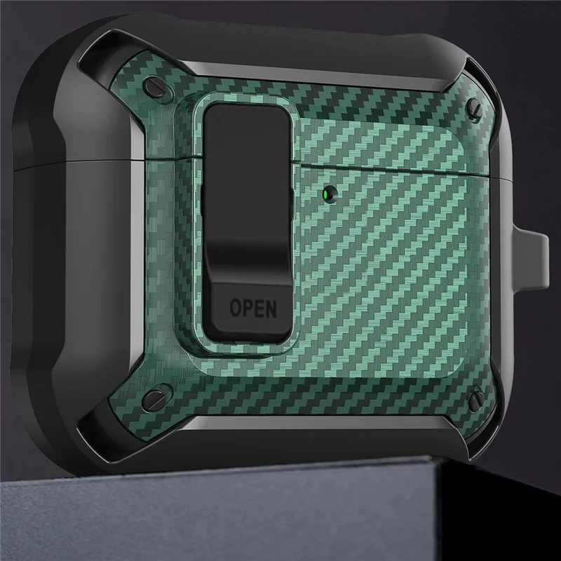 For AirPods 4 Bluetooth-compatible Earphone Cover Carbon Fiber Texture TPU+PC Anti-Drop Case with Buckle - Green