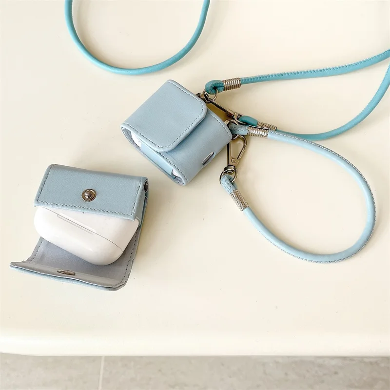 For Apple AirPods Pro 2 / AirPods Pro Charging Case Cover Simple Style Bluetooth-compatible Earbuds Case with Shoulder / Wrist Strap - Sky Blue
