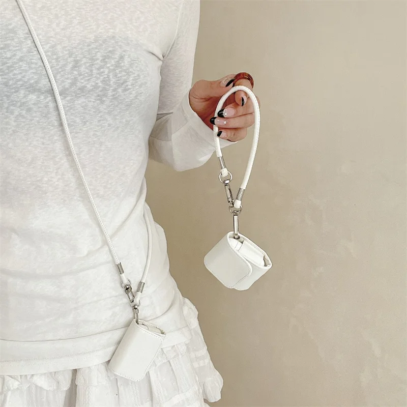 For Apple AirPods Pro 2 / AirPods Pro Charging Case Cover Simple Style Bluetooth-compatible Earbuds Case with Shoulder / Wrist Strap - White