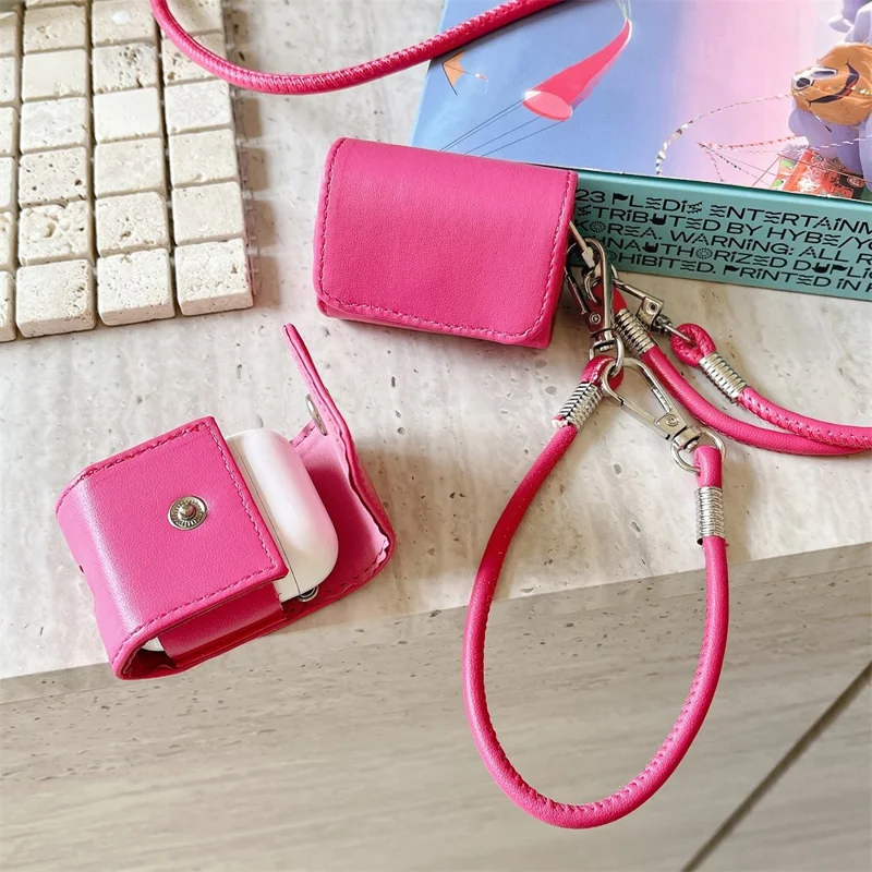 For Apple AirPods with Wireless Charging Case (2019) / AirPods with Charging Case (2019) / (2016) PU Case with Straps - Rose