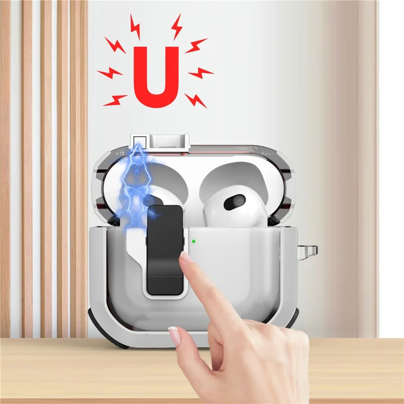 For AirPods 4 Clear Earphone Case Button Lock TPU+PC Rugged Cover with Carabiner - White  /  Black
