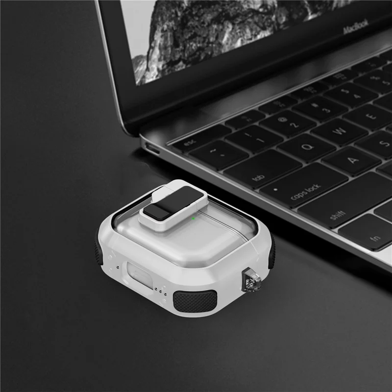 For AirPods 4 Clear Earphone Case Button Lock TPU+PC Rugged Cover with Carabiner - White  /  Black