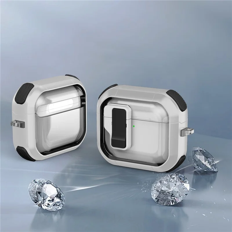 For AirPods 4 Clear Earphone Case Button Lock TPU+PC Rugged Cover with Carabiner - White  /  Black