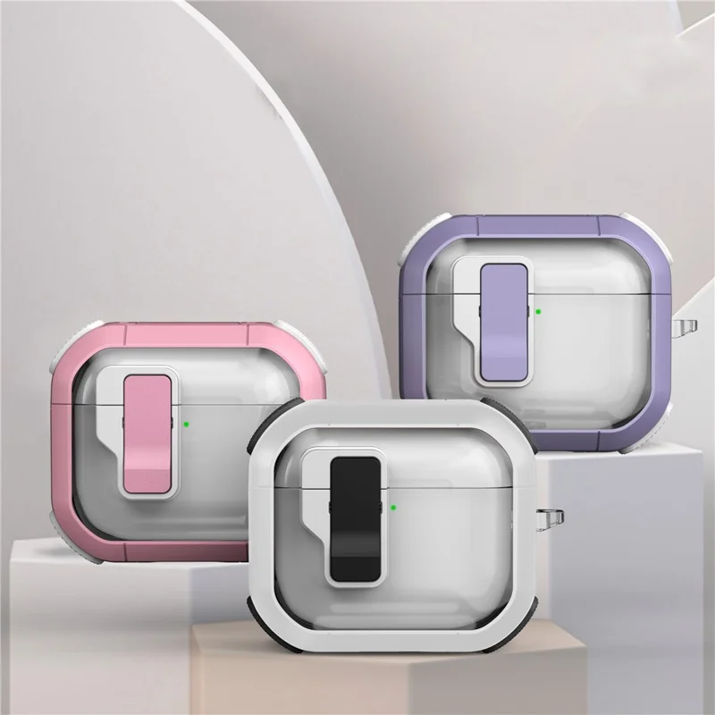 For AirPods 4 Clear Earphone Case Button Lock TPU+PC Rugged Cover with Carabiner - White  /  Black