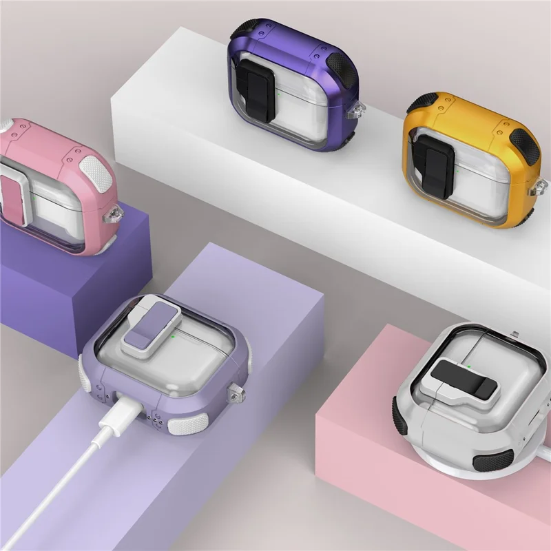 For AirPods 4 Clear Earphone Case Button Lock TPU+PC Rugged Cover with Carabiner - White  /  Black
