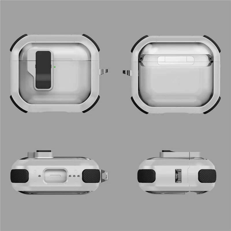 For AirPods 4 Clear Earphone Case Button Lock TPU+PC Rugged Cover with Carabiner - White  /  Black