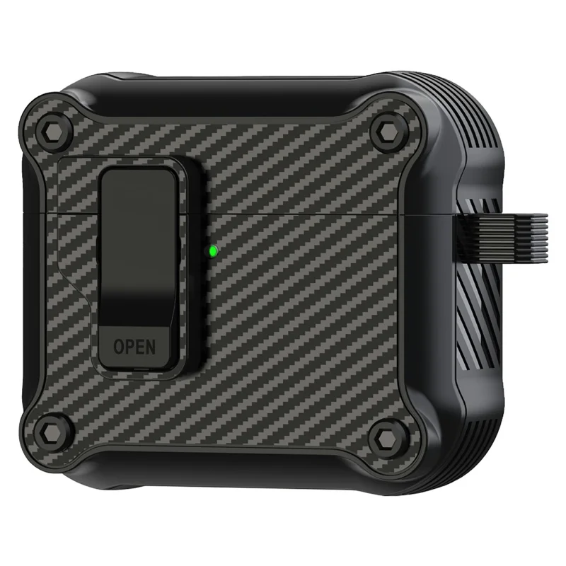 Für AirPods 4 Hülle TPU+PC Carbonfaser-Textur Bluetooth-Ohrhörer-Cover mit Karabiner - Schwarz