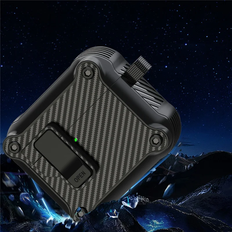 Für AirPods 4 Hülle TPU+PC Carbonfaser-Textur Bluetooth-Ohrhörer-Cover mit Karabiner - Schwarz