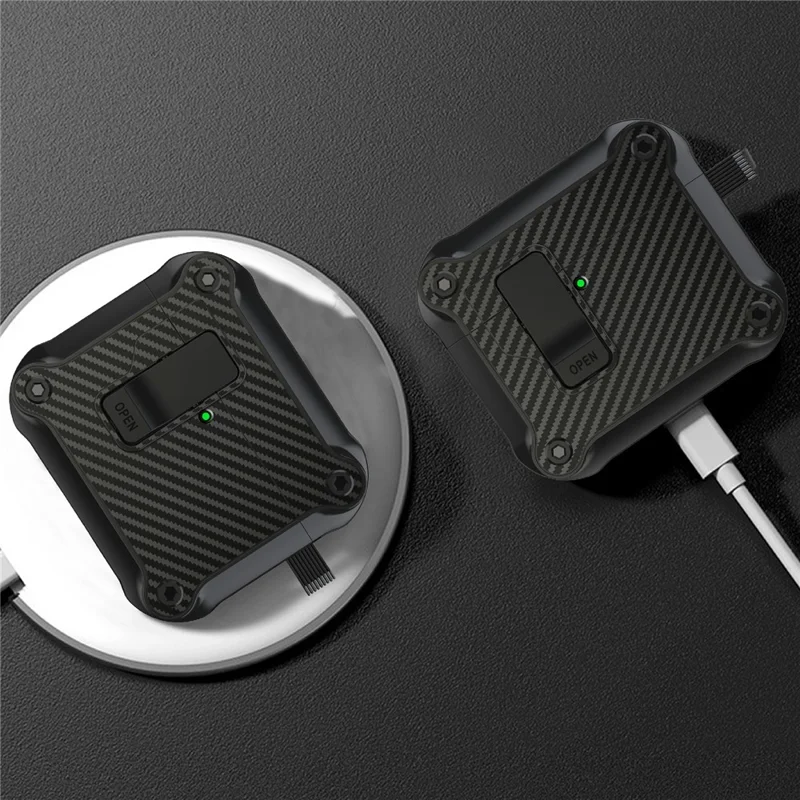 Für AirPods 4 Hülle TPU+PC Carbonfaser-Textur Bluetooth-Ohrhörer-Cover mit Karabiner - Schwarz