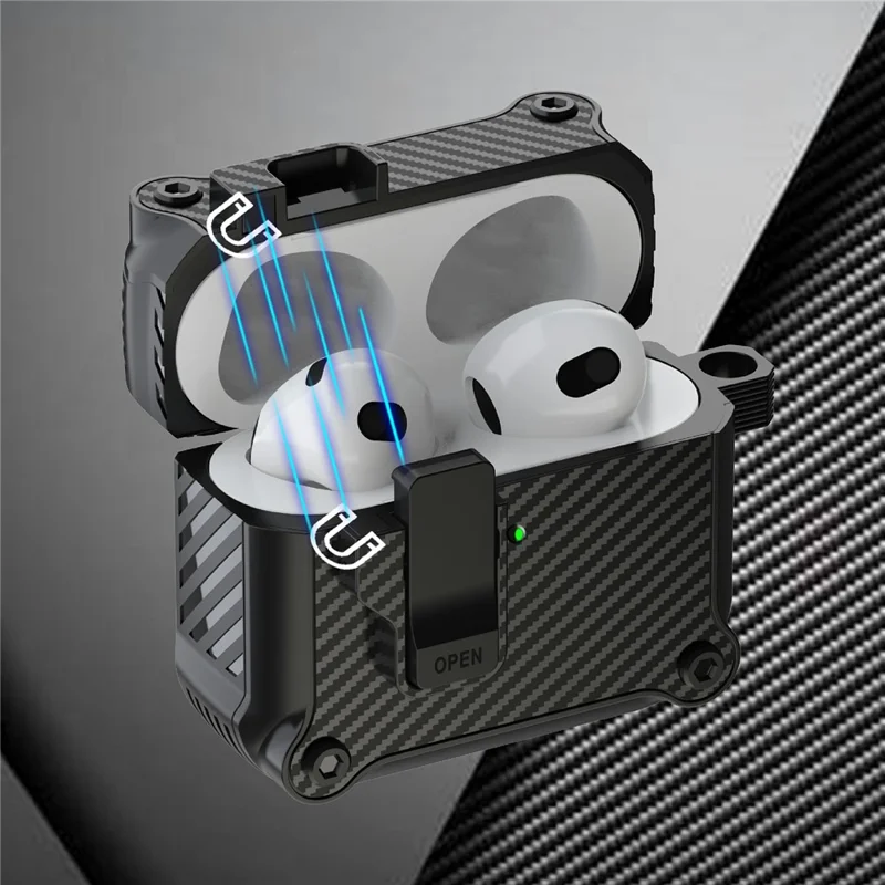 Für AirPods 4 Hülle TPU+PC Carbonfaser-Textur Bluetooth-Ohrhörer-Cover mit Karabiner - Schwarz