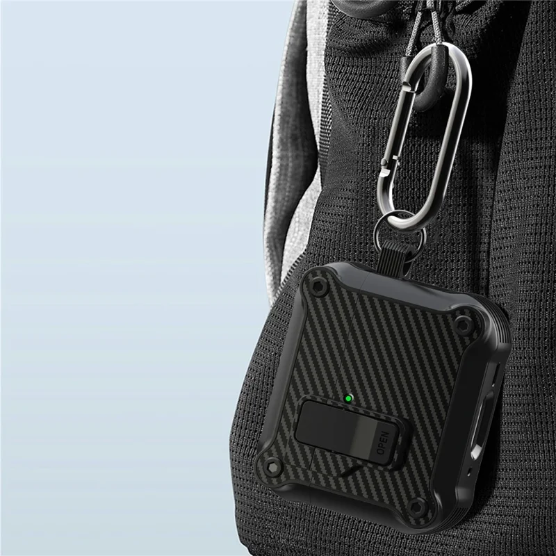 Für AirPods 4 Hülle TPU+PC Carbonfaser-Textur Bluetooth-Ohrhörer-Cover mit Karabiner - Schwarz