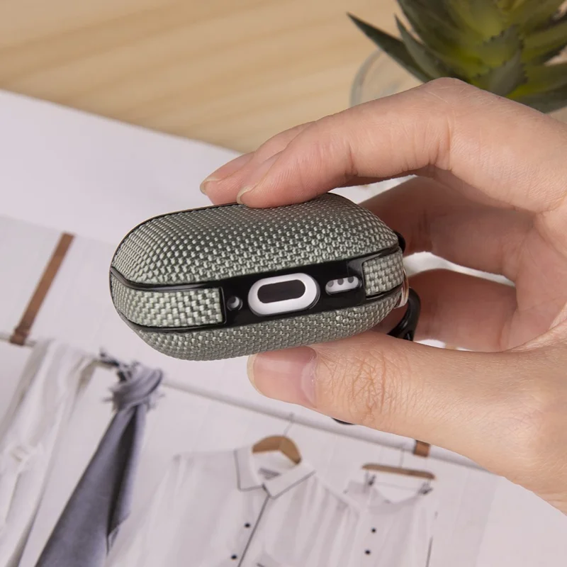 For Apple AirPods 4 Woven Texture Waterproof PC Case with Carabiner Earphone Protective Cover - Black