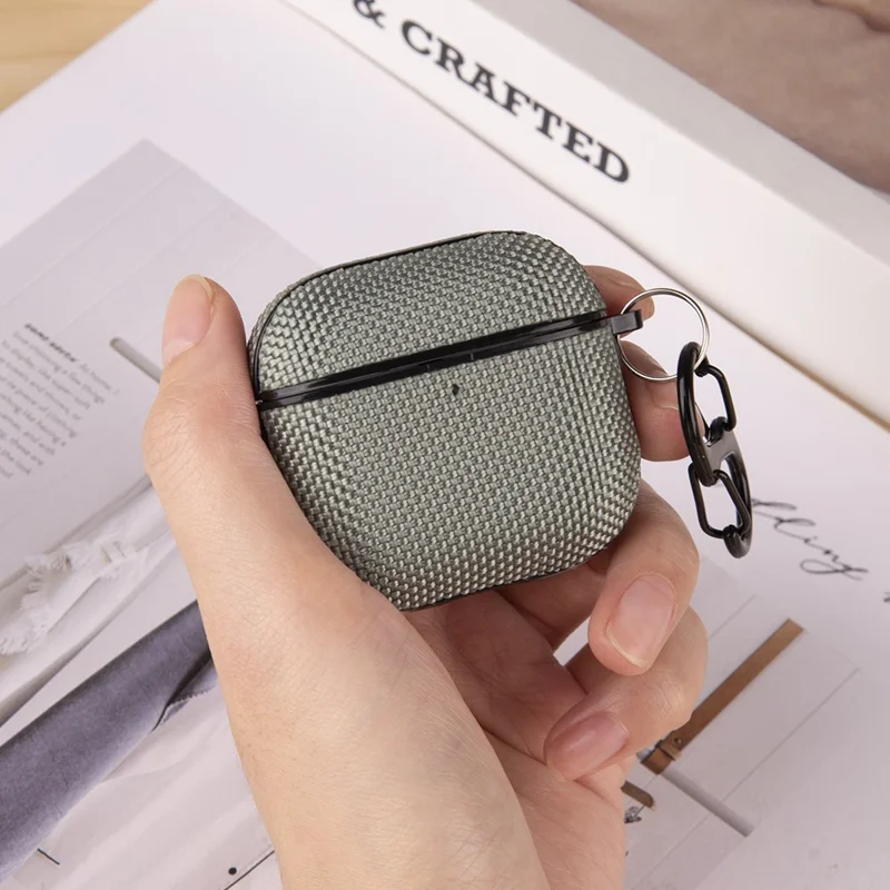 For Apple AirPods 4 Woven Texture Waterproof PC Case with Carabiner Earphone Protective Cover - Black