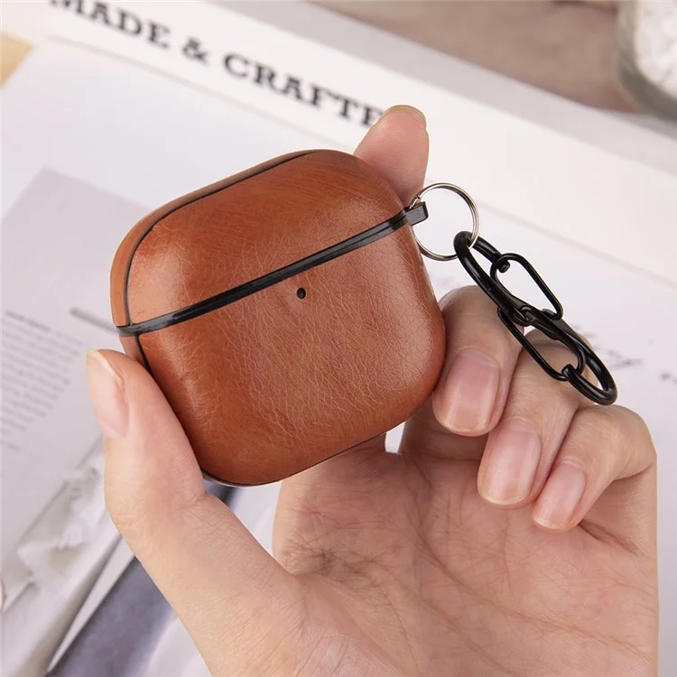 For AirPods 4 Earphone Case PC + PU Leather Protective Cover with Anti-Loss Hook - Light Brown