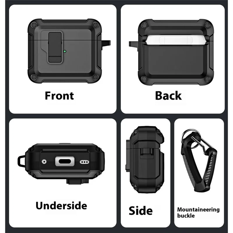 For AirPods 4 Earphone Case Automatic Eject TPU+PC Protective Cover with Carabiner - Black