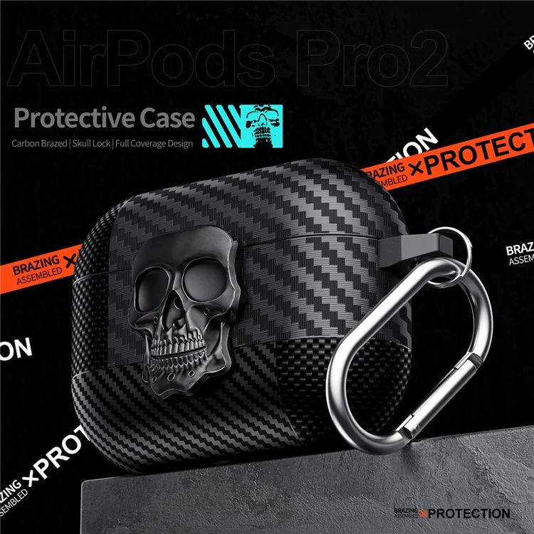 For AirPods 4 Protective Case Skull Design Snap Switch TPU + Metal Earphone Cover with Carabiner - Grey